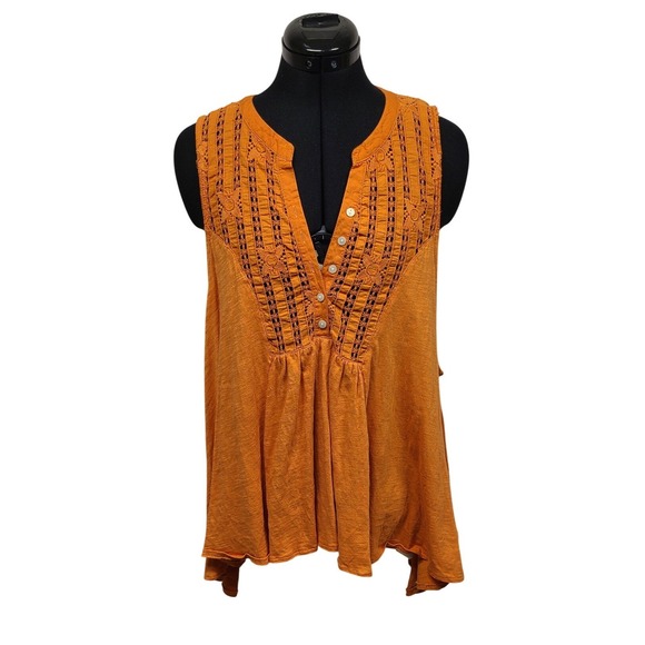 Free People Tops - Free People Orange Crochet Lace V Neck Button Front Sleeveless Tunic Top XL NWT